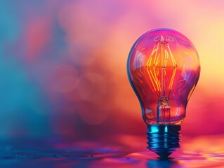 Glowing light bulb on a blue and pink background. AI.