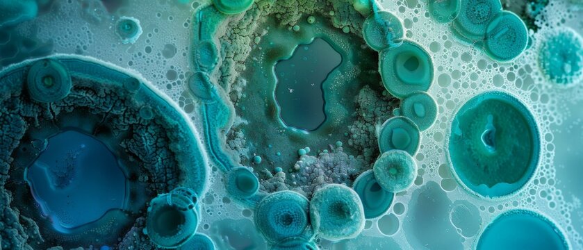 Close-up of a  dish with blue and green bacteria growing on a white background. AI.