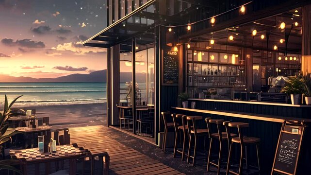 Beachside cafe with warm lighting and ocean view at dusk. Coastal relaxation concept