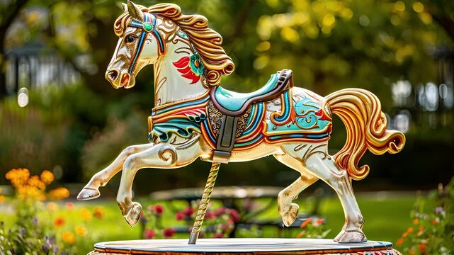 A whimsical inflatable carousel horse reminiscent of oldfashioned fairground rides with an elegant mane and detailed saddle.