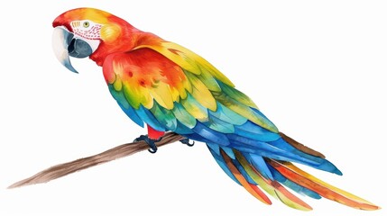 Obraz premium A charming macaw with vibrant feathers in a watercolor painting, depicted in a kawaii manner, isolated on a white background