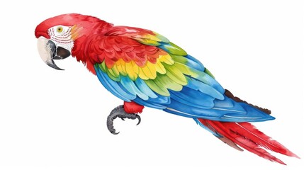 Obraz premium A charming macaw with vibrant feathers in a watercolor painting, depicted in a kawaii manner, isolated on a white background