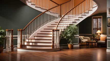 Warm and welcoming entrance with a burnt orange staircase a handcrafted wooden door and a pale hardwood floor  