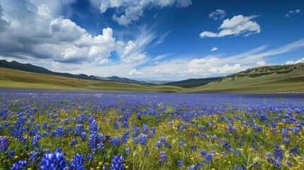 enchanting blue wildflowers carpeting vast meadow under open sky