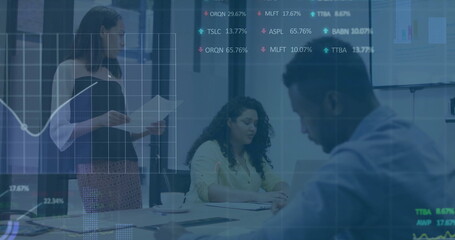 Image of charts and data processing over diverse colleagues talking at casual office