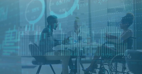 Image of data processing over diverse male and female colleagues discussing at casual meeting