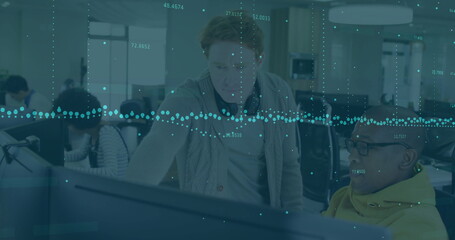Image of data processing over diverse male colleagues discussing at computer in casual office