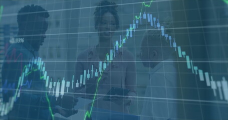 Image of data processing over diverse male and female colleagues discussing at casual office