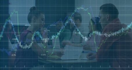 Image of data processing over diverse male and female colleagues discussing at casual meeting