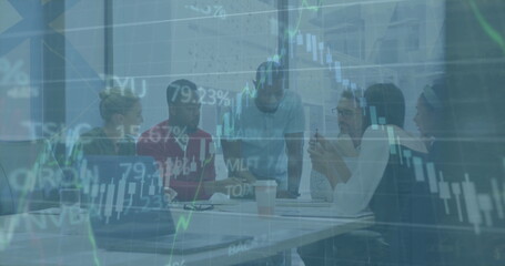 Image of data processing over diverse male and female colleagues discussing at casual meeting