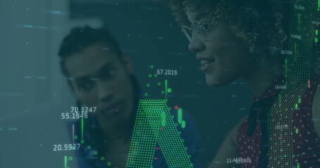 Image of graph processing over diverse male and female colleague discussing at casual office