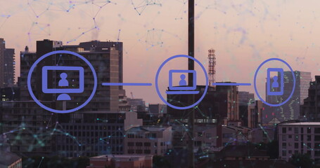 Image of media icon network over large communication networks and modern cityscape