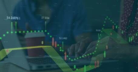 Image of graph processing over diverse male and female colleague discussing at casual office