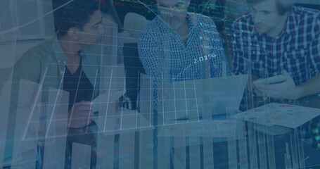 Image of data processing over diverse male and female colleagues using laptop at casual meeting