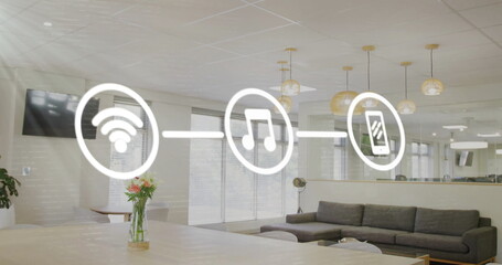 Image of network of wifi and media icons over modern casual office lounge space
