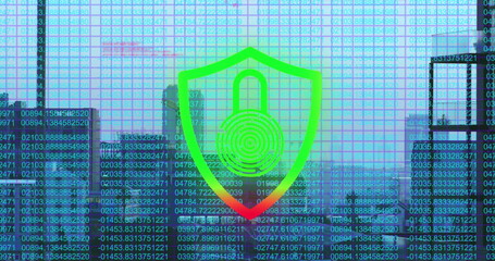 Image of data and flashing red and green padlock and shield icon over cityscape