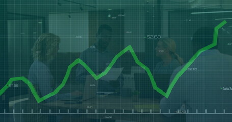 Image of graph processing over diverse male and female colleagues discussing at casual meeting