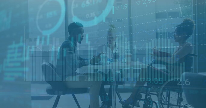 Image of data processing over diverse male and female colleagues discussing at casual meeting