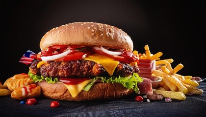 Juicy Cheeseburger with Fries and Toppings