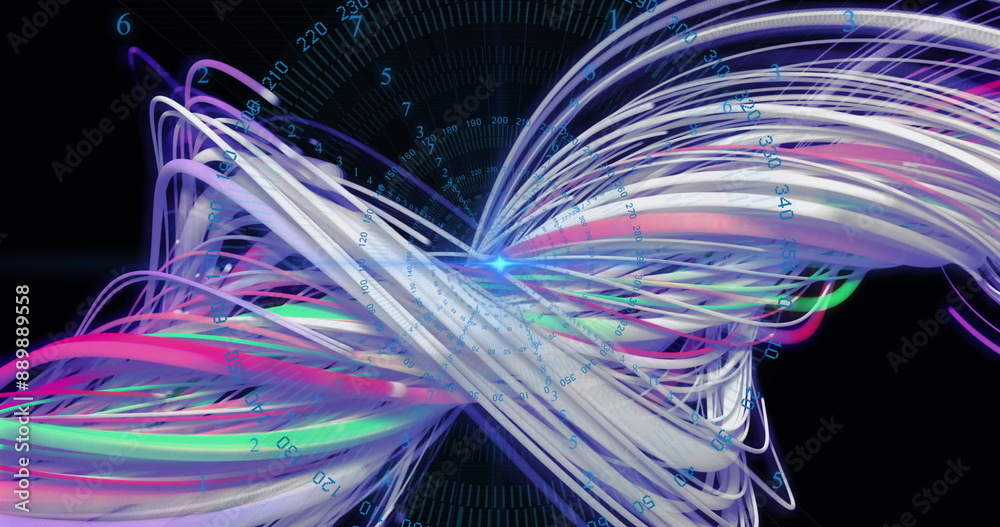 Poster image of data processing over colourful lines on black background