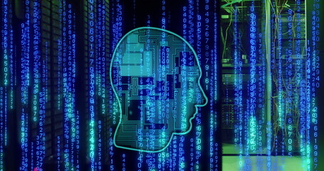 Image of head, binary coding and data processing over computer servers