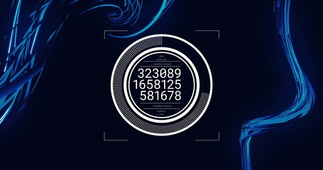 Image of scope scanning with data processing over light trails on black background