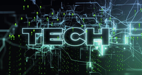 Image of tech text over data processing and connections on black background