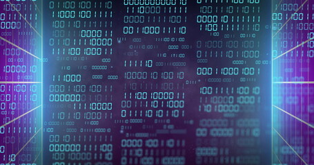 Image of data processing over lines on black background