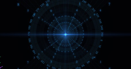 Image of data processing over colourful lines on black background