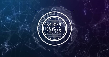Image of scope scanning with data processing over globe and connections on black background