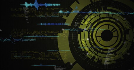 Image of data processing over scope scanning on black background