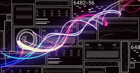 Image of data processing over light trails on black background