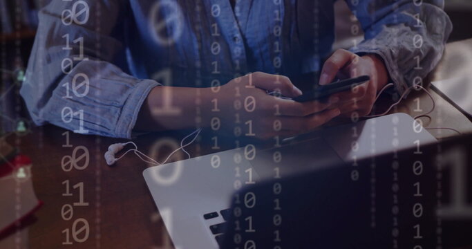 Image of ai binary coding and data over biracial female student using smartphone