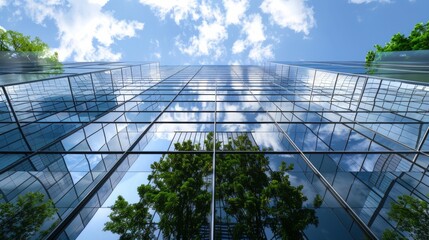 Angled view of a large, window covered building corner against a blue, cloud filled sky