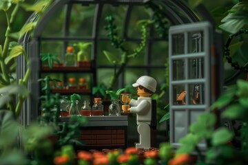 Naklejka premium An okra plant dressed as a scientist is conducting experiments in a magical greenhouse