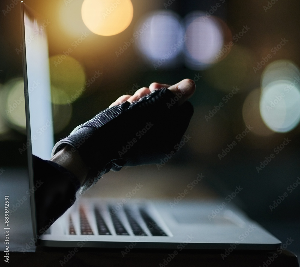 Poster laptop, cyber attack and hand of hacker on screen for crime, fraud or gdpr data breach. computer, th