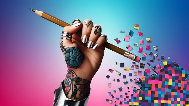 A women hand holding and pencil on a colourfull background
