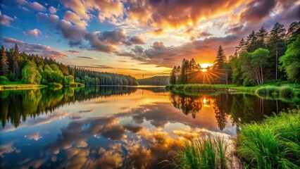 Obraz premium Beautiful sunset over a tranquil lake surrounded by lush green forest , sunset, lake, tranquil, serene, nature, landscape, reflection