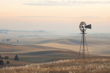 A distant windmill standing on a hill, with a softly blurred background of rolling countryside and sky. 