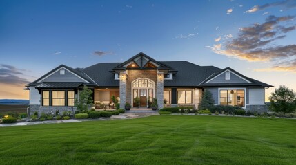 The front view of a newly built home is enhanced by a picturesque surrounding of vibrant green grass and a clear blue sky at sunrise. This appealing exterior beckons potential buyers or renters