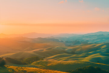 Fototapeta premium Serene Sunset Landscape with Harmonious Color Balance Between Warm Sky and Cool Rolling Hills