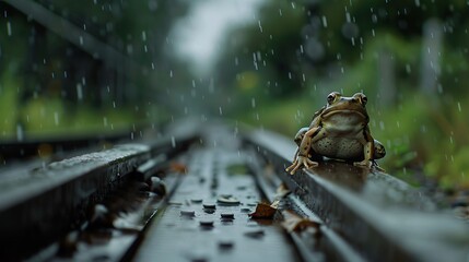 Frog Perched on Train Tracks Under Heavy Rain and Cloudy Sky