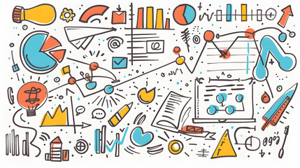 abstract doodle drawing of a business strategy document, featuring playful marketing symbols, graphs, and notes, with a focus on creativity and innovation.