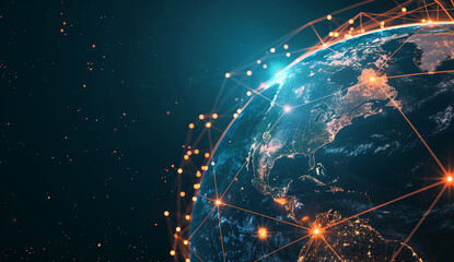 A digital illustration of the Earth with global network connections, highlighting technology and connectivity across continents, representing international business