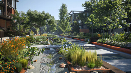 Photorealistic depiction of a sustainable urban drainage system incorporating rain gardens permeable pavement and bioswales promoting stormwater management and water conservation