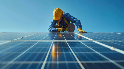 Photorealistic depiction of a worker setting up a solar panel while kneeling in the background detailed and realistic lighting
