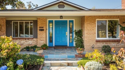 Obraz premium A front entrance of a home with a blue door