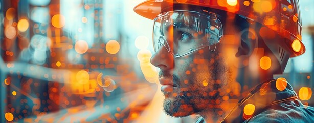 Close-up of an engineer wearing safety gear, reflecting on industrial background with bokeh overlay. Concept of innovation and technology.