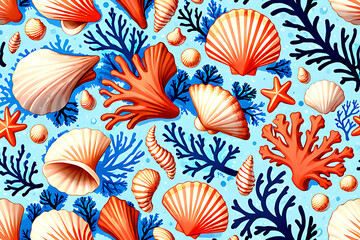 Seamless Patterns of Seashells and coral. Reef Rhythms in Repeat