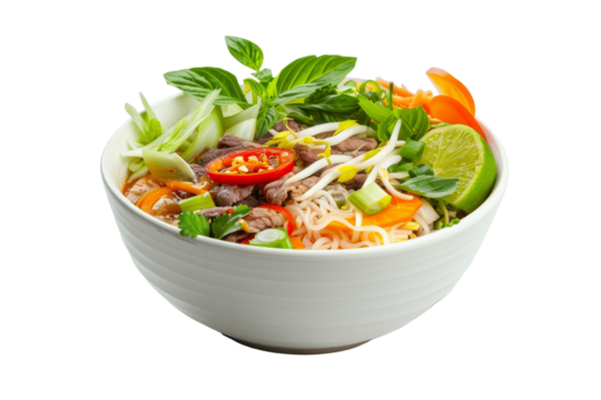 Vietnamese Beef Noodle Soup Pho with Fresh Herbs and Lime